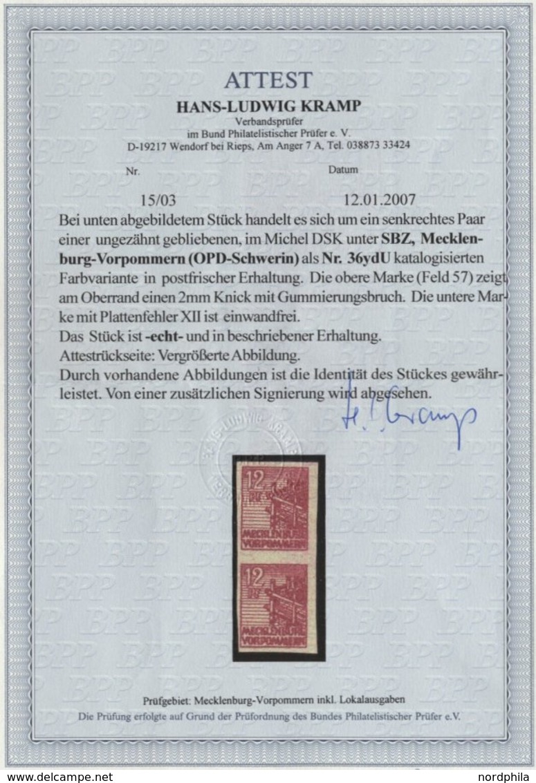 MECKLENBURG-VORPOMMERN 36ydU Paar **, 1946, 12 Pf. Braunrot, Graues Papier, Ungezähnt, Im Senkrechten Paar, Fotoattest K - Andere & Zonder Classificatie