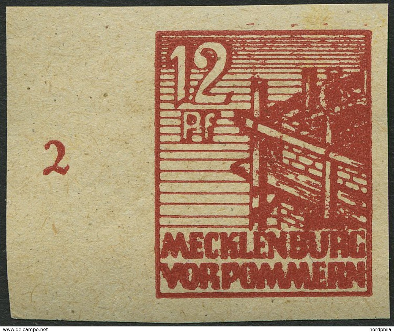 MECKLENBURG-VORPOMMERN 36ydU **, 1946, 12 Pf. Braunrot, Graues Papier, Ungezähnt, Linkes Randstück, Pracht, Gepr. Kramp, - Other & Unclassified