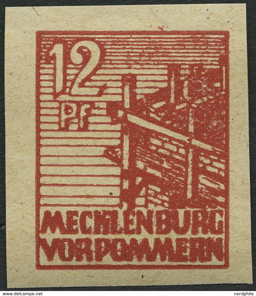 MECKLENBURG-VORPOMMERN 36ydU **, 1946, 12 Pf. Braunrot, Graues Papier, Ungezähnt, Pracht, Gepr. Kramp, Mi. 500.- - Altri & Non Classificati