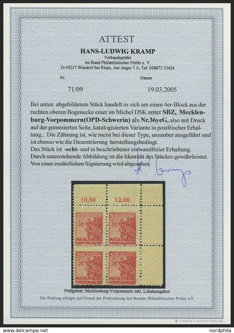 MECKLENBURG-VORPOMMERN 36yeG **, 1946, 12 Pf. Orangerot, Graues Papier, Druck Auf Der Gummiseite, Im Eckrandviererblock, - Altri & Non Classificati