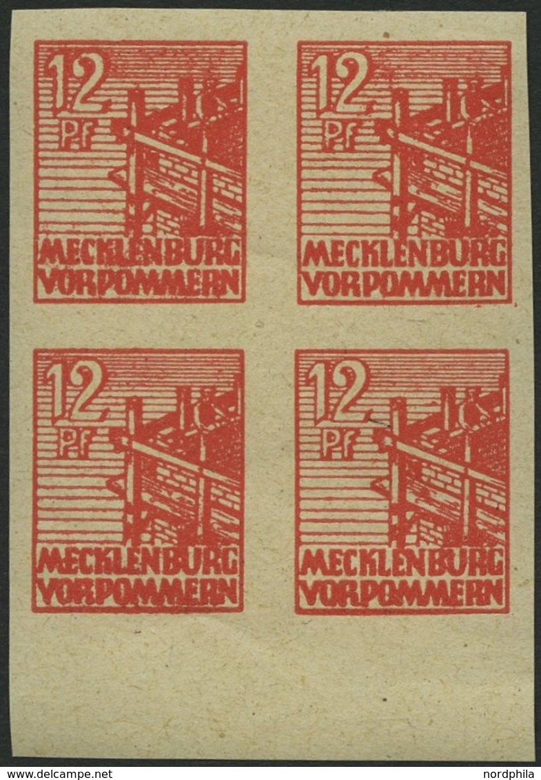 MECKLENBURG-VORPOMMERN 36yeU VB **, 1946, 12 Pf. Orangerot, Graues Papier, Ungezähnt, Im Viererblock Vom Unterrand, Prac - Other & Unclassified