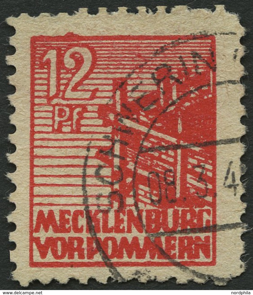 MECKLENBURG-VORPOMMERN 36yf O, 1946, 12 Pf. Dunkelrosa, Graues Papier, Normale Zähnung, Pracht, Gepr. Kramp, Mi. 260.- - Andere & Zonder Classificatie