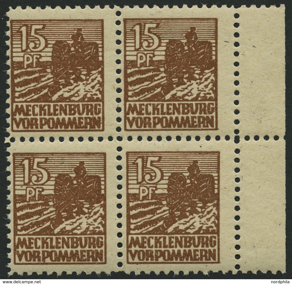 MECKLENBURG-VORPOMMERN 37yd VB **, 1946, 15 Pf. Mittelsiena, Graues Papier, Im Viererblock, Pracht, Gepr. Kramp, Mi. 320 - Other & Unclassified