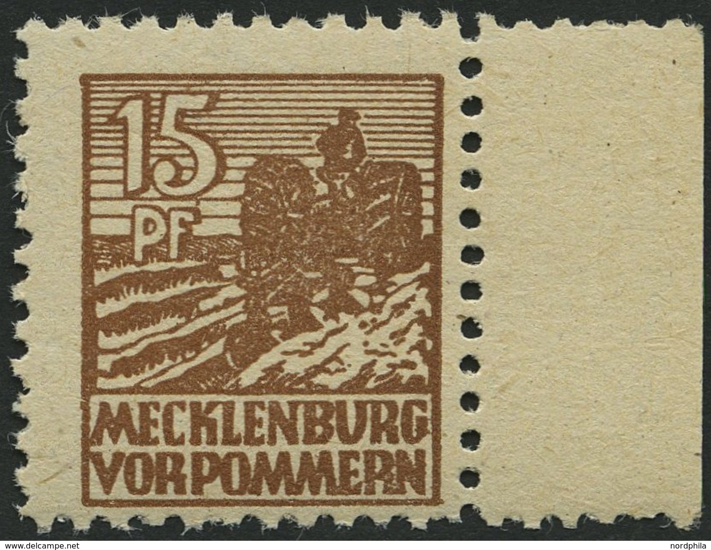 MECKLENBURG-VORPOMMERN 37ye **, 1946, 15 Pf. Orangebraun, Graues Papier, Rechtes Randstück, Pracht, Gepr. Kramp, Mi. 90. - Andere & Zonder Classificatie