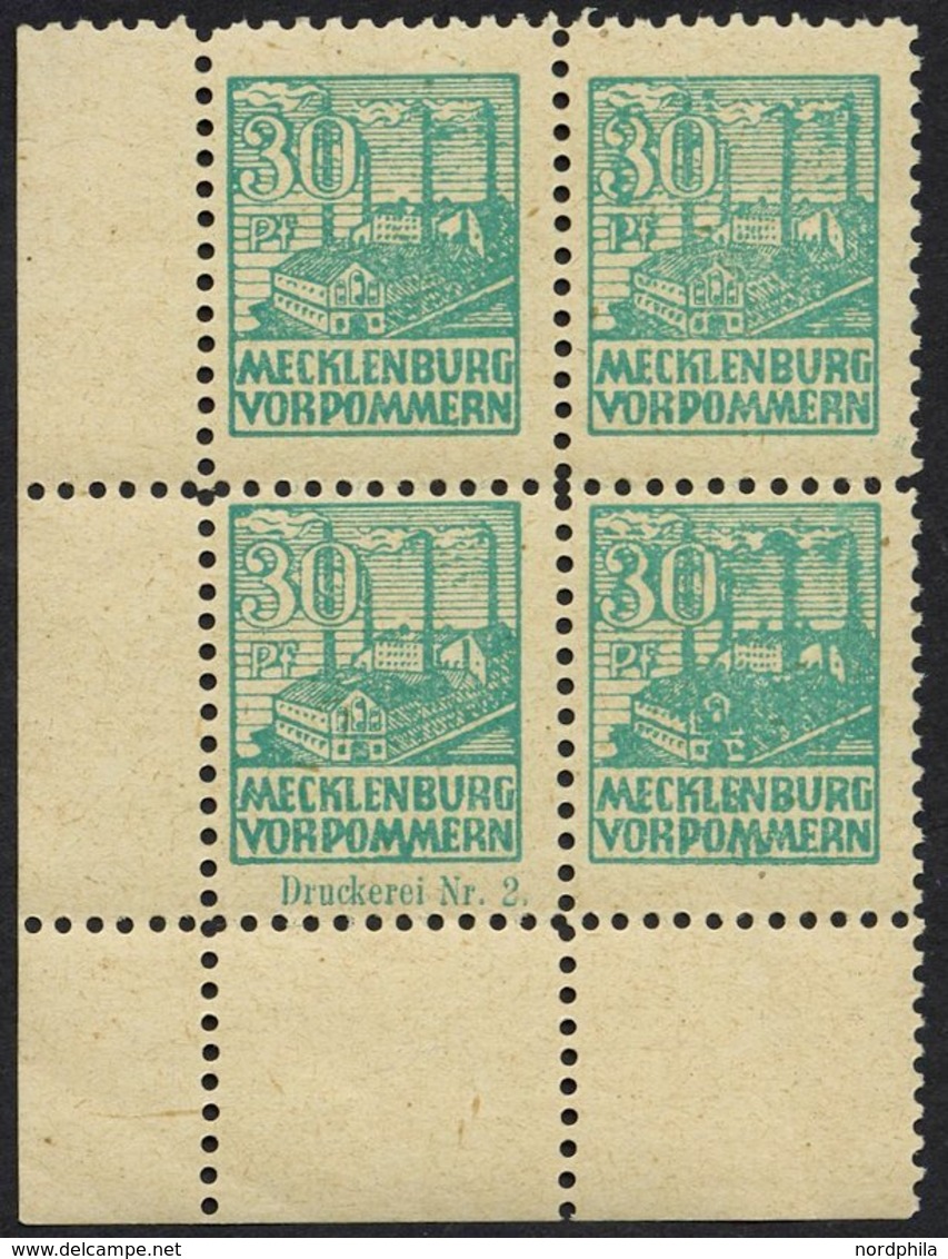 MECKLENBURG-VORPOMMERN 39zaDZ **, 1946, 30 Pf. Lebhaftbläulichgrün, Dünnes Papier, Im Eckrandviererblock, Druckereizeich - Other & Unclassified