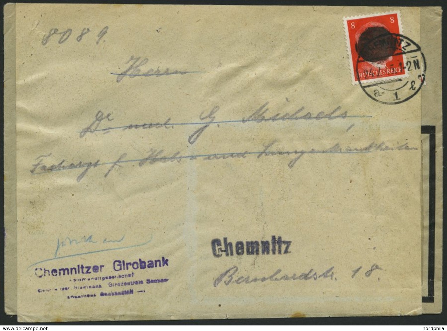 SÄCHSISCHE SCHWÄRZUNGEN AP 786I BRIEF, CHEMNITZ 1, 8 Pf. Auf Brief (überklebt Auf Brief Ohne Schwärzung Vom 8.12.44 Aus  - Altri & Non Classificati