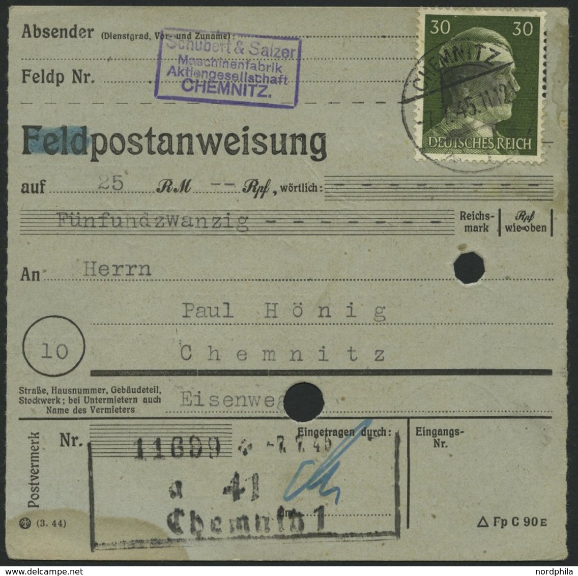 SÄCHSISCHE SCHWÄRZUNGEN AP 794I BRIEF, CHEMNITZ 1, 30 Pf. Auf (Feld)postanweisung, Pracht - Other & Unclassified