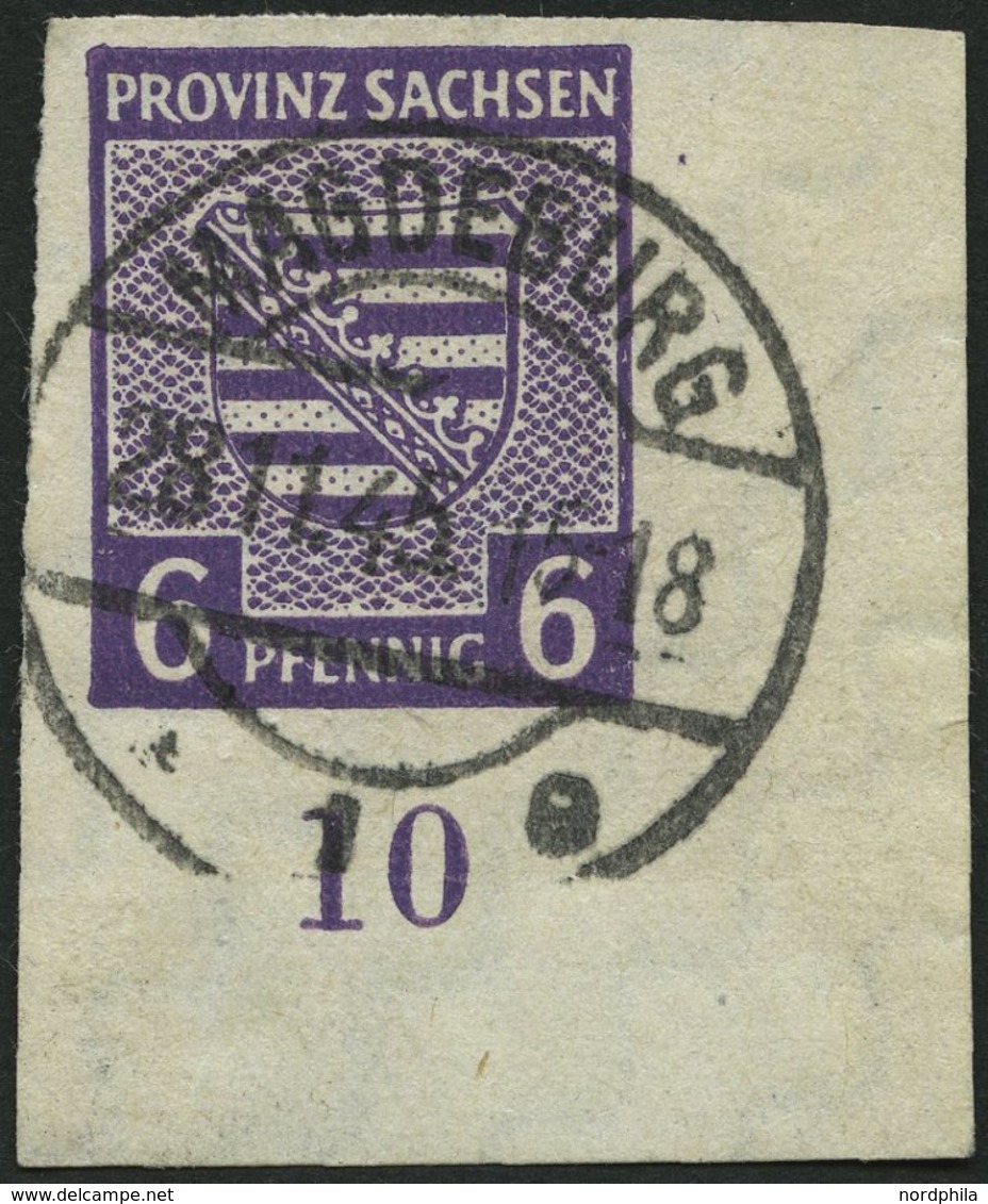 PROVINZ SACHSEN 69Xc O, 1945, 6 Pf. Dunkelgrauviolett, Wz. 1X, Untere Rechte Bogenecke, Pracht, Gepr. Ströh, Mi. (120.-) - Altri & Non Classificati