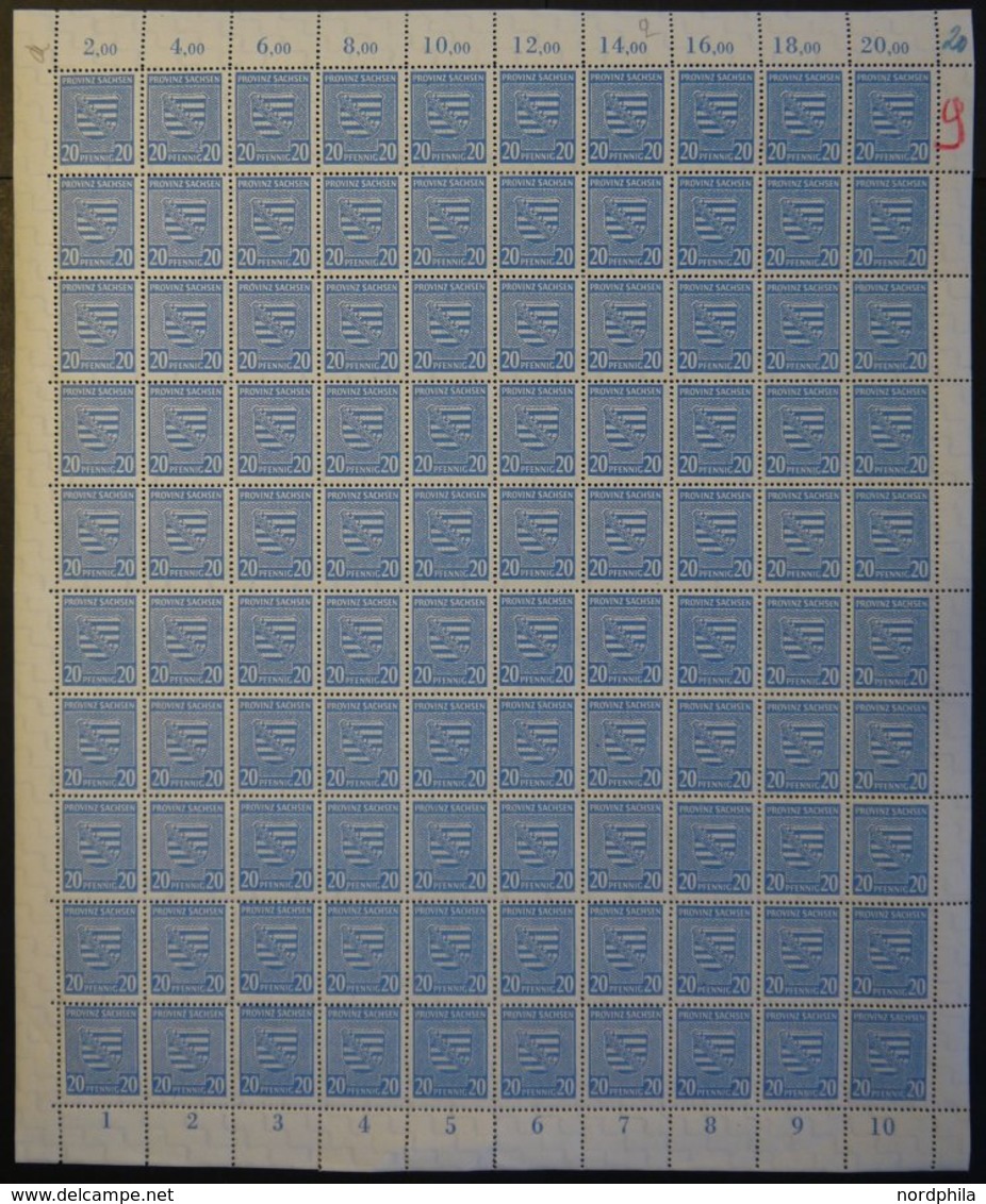 PROVINZ SACHSEN 81Y **, 1945, 20 Pf. Hellblau, Wz. 1Y, Im Bogen (100), Dabei Die Abarten: 81YI, 81YII Und 81YIII, Pracht - Andere & Zonder Classificatie