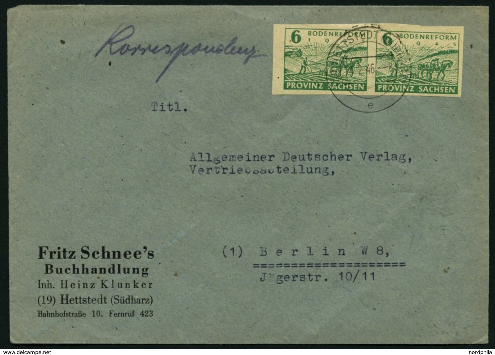 PROVINZ SACHSEN 85II BRIEF, 1945, 6 Pf. Bodenreform Im Waagerechten Paar Auf Brief, Linke Marke Mit Abart Bogenförmiger  - Andere & Zonder Classificatie