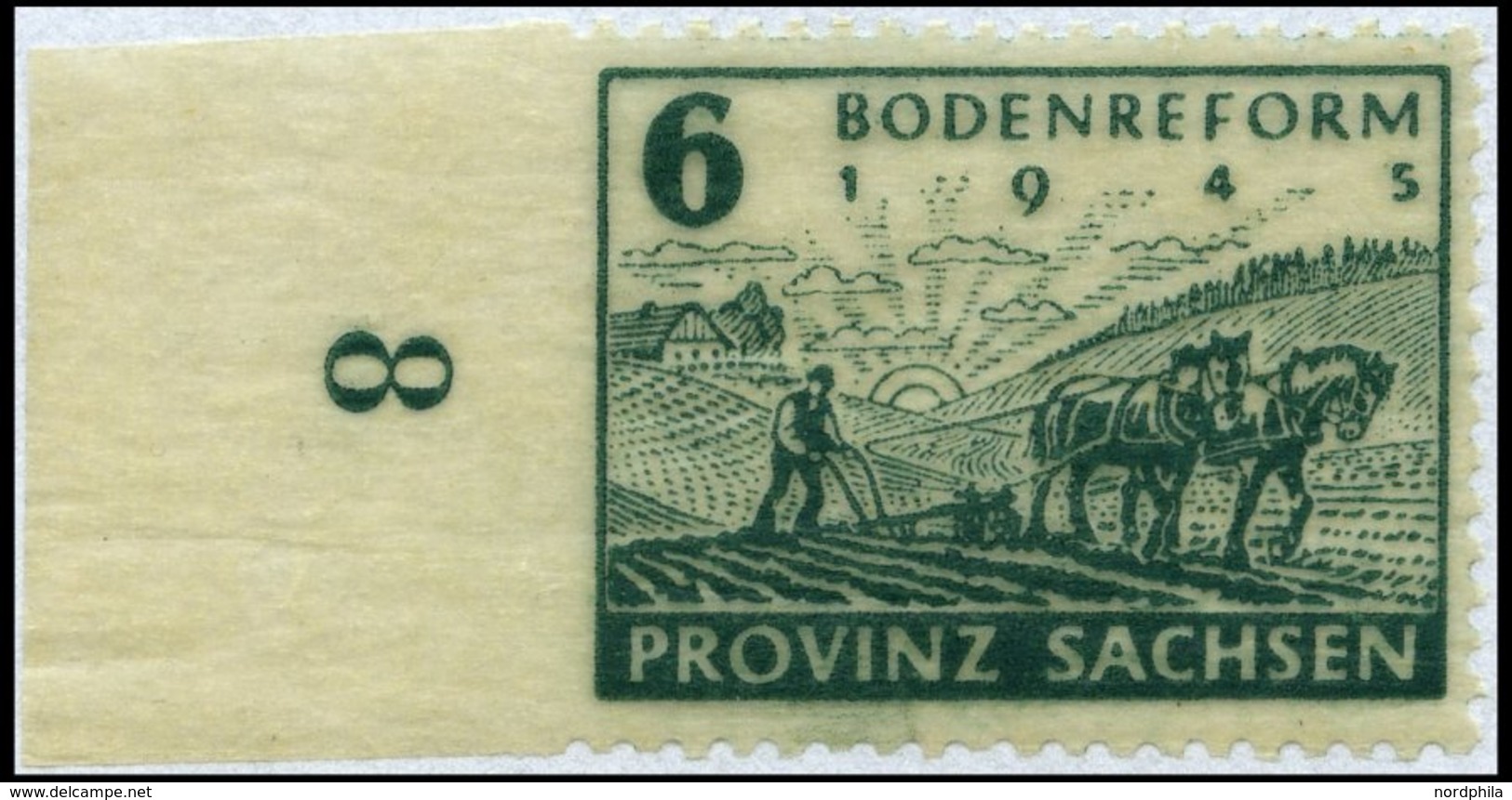 PROVINZ SACHSEN 90Ul **, 1946, 6 Pf. Bodenreform Auf Zigarettenpapier, Links Ungezähnt Mit Bogenrand, Pracht, R!, Mi. 15 - Andere & Zonder Classificatie