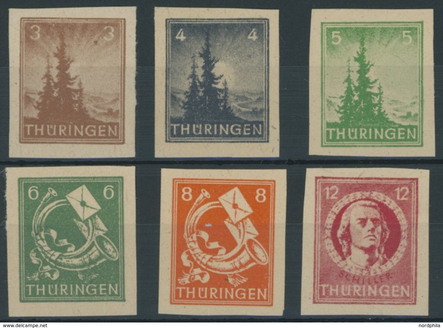 THÜRINGEN 92-97AU **, 1945, 3 - 12 Pf. Freimarken, Ungezähnt, Postfrisch, 6 Prachtwerte, Mi. 330.- - Other & Unclassified