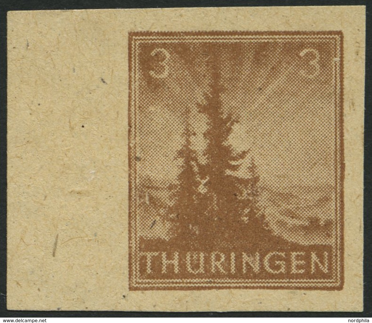 THÜRINGEN 92AYz1U **, 1945, 3 Pf. Orangebraun, Spargummierung, Dickes Papier, Steigende Papierstreifung, Ungezähnt, Prac - Sonstige & Ohne Zuordnung