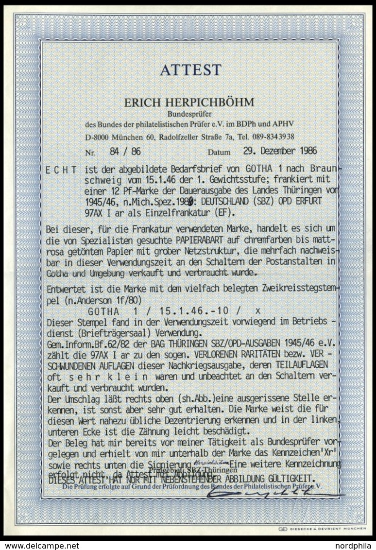 THÜRINGEN 97AXar BRIEF, 1945, 12 Pf. Karminrot, Vollgummierung, Hellchromgelbes Papier, Dicke Gummierung, Type I, Einzel - Andere & Zonder Classificatie