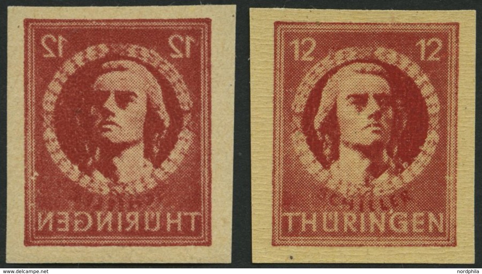 THÜRINGEN 97AXbp1UG **, 1945, 12 Pf. Dunkelbräunlichrot, Vollgummierung, Dickes Papier, Steigende Papierstreifung, Ungez - Altri & Non Classificati