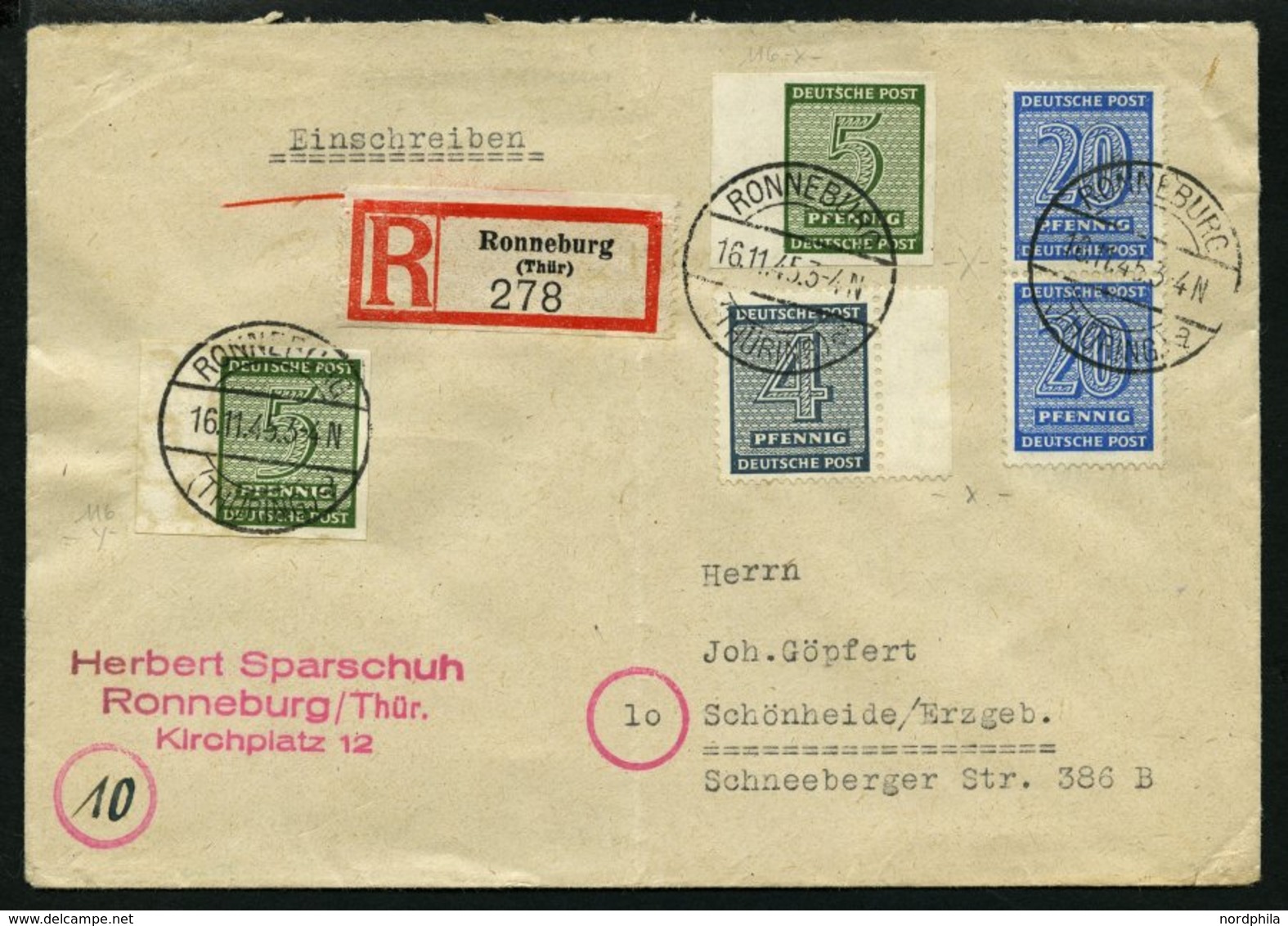 WEST-SACHSEN 116Y BRIEF, 1945, 5 Pf. Schwärzlicholivgrün, Wz. 1Y, Mit Zusatzfrankatur Auf Einschreibbrief (senkrecht Gef - Andere & Zonder Classificatie