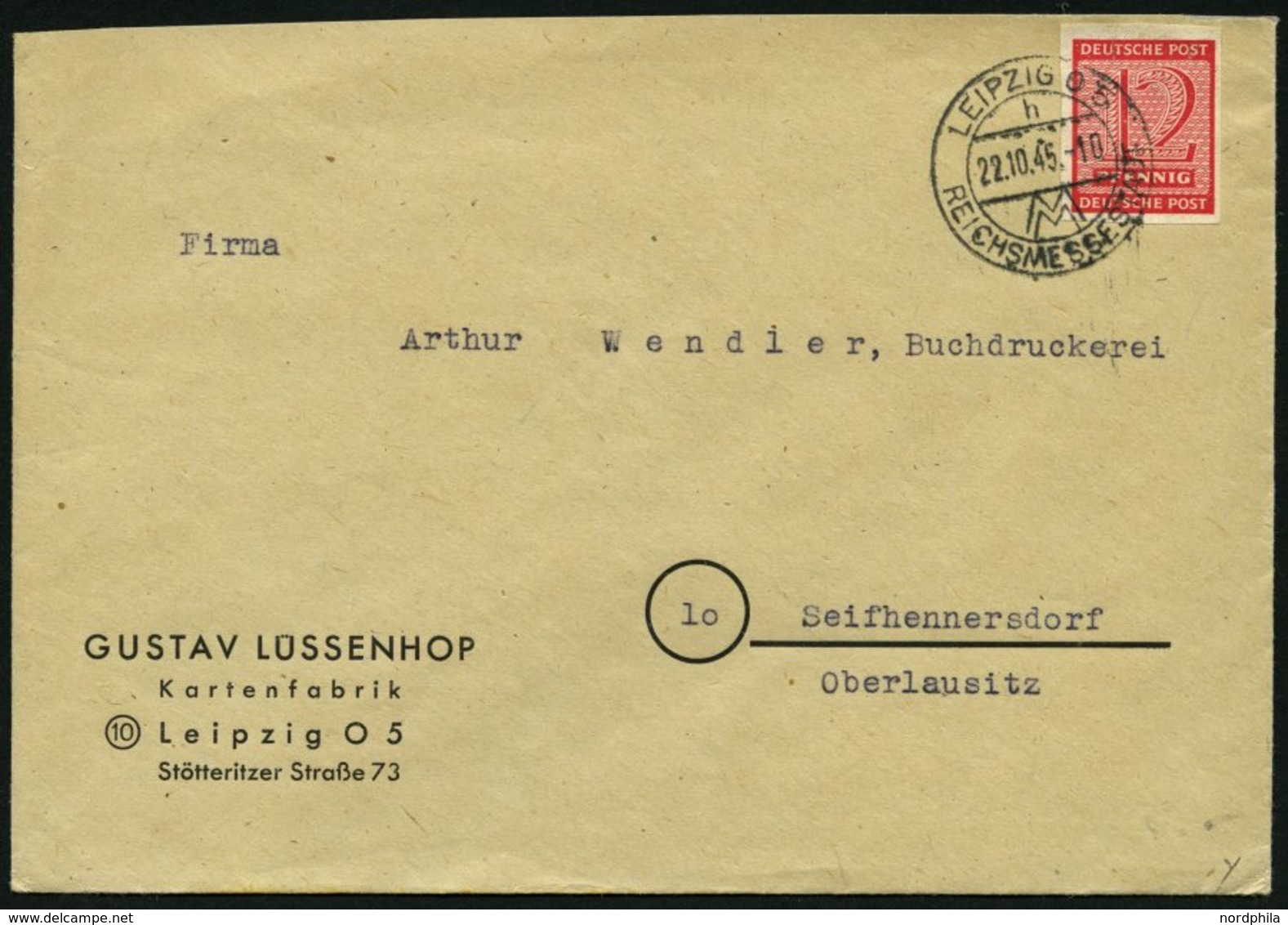 WEST-SACHSEN 119Y BRIEF, 1945, 12 Pf. Lebhaftkarminrot, Wz. 1Y, Auf Fernbrief, Pracht - Other & Unclassified