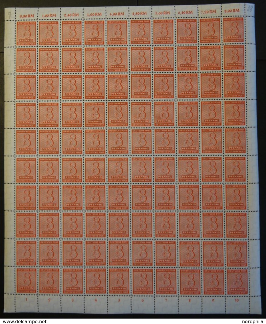 WEST-SACHSEN 130X **, 1945, 8 Pf. Lebhaftorange, Wz. 1X, Im Bogen (100), Dabei Die Abarten 130I Und 130II, Pracht - Altri & Non Classificati