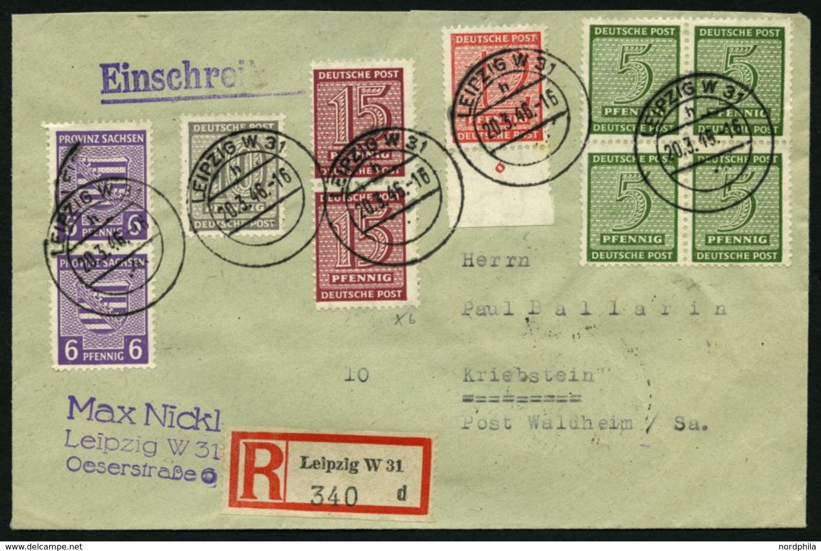 WEST-SACHSEN 133Xb Paar BRIEF, 1945, 15 Pf. Lebhaftbraunkarmin, Wz. 1X, Im Senkrechten Paar Mit Zusatzfrankatur Auf Eins - Altri & Non Classificati