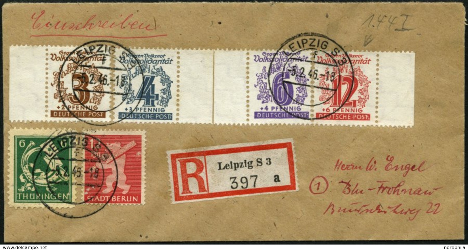 WEST-SACHSEN 144I BRIEF, 1946, 12 Pf. Volkssolidarität Mit Abart Volksnor Statt Volksnot, Mit Zusatzfrankatur Auf Einsch - Otros & Sin Clasificación