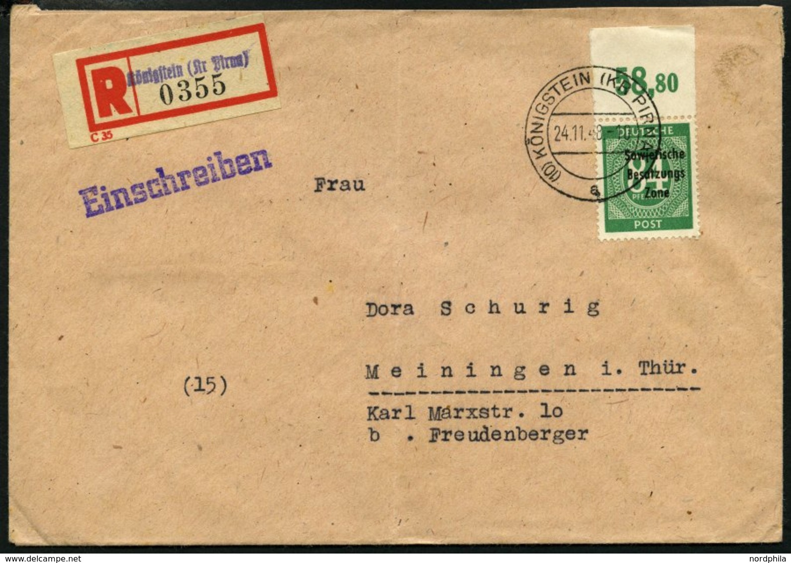 ALLGEMEINE-AUSGABEN 211aPOR BRIEF, 1948, 84 Pf. Lebhaftgrün, Plattendruck, Oberrandstück, Einzelfrankatur Auf Einschreib - Andere & Zonder Classificatie