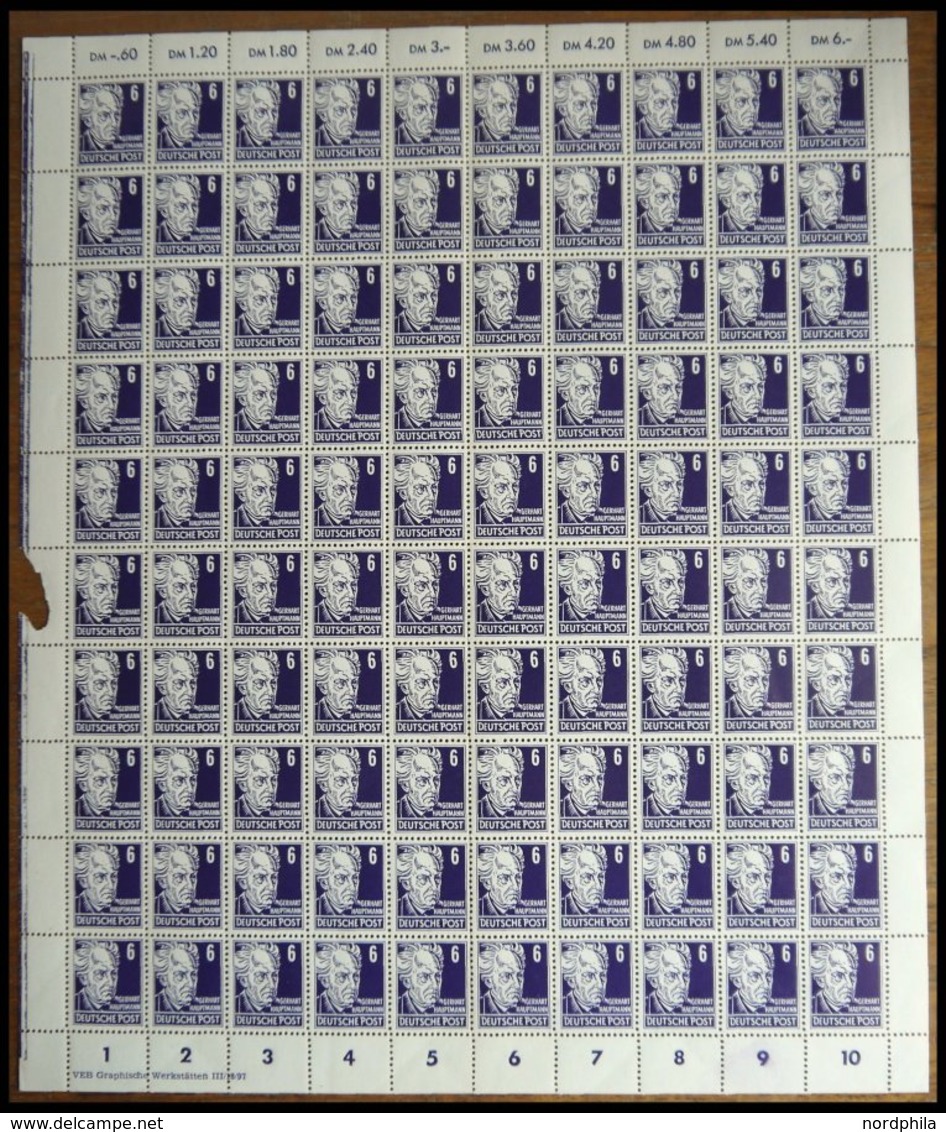 DDR 328vXI **, 1953, 6 Pf. Hauptmann, Gestrichenes Papier, Wz. 2XI, Im Bogen (100) Mit Druckereizeichen 3, Pracht, R!, M - Usati