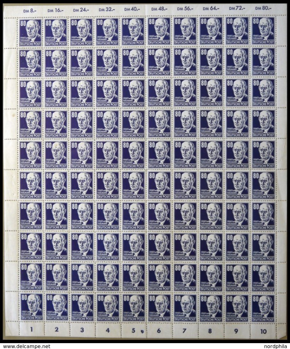 DDR 339vaXI **, 1952, 80 Pf. Thälmann, Gestrichenes Papier, Wz. 2XI, Im Bogen (100), Dabei 2x Plattenfehler 339PFIII (Fe - Usati