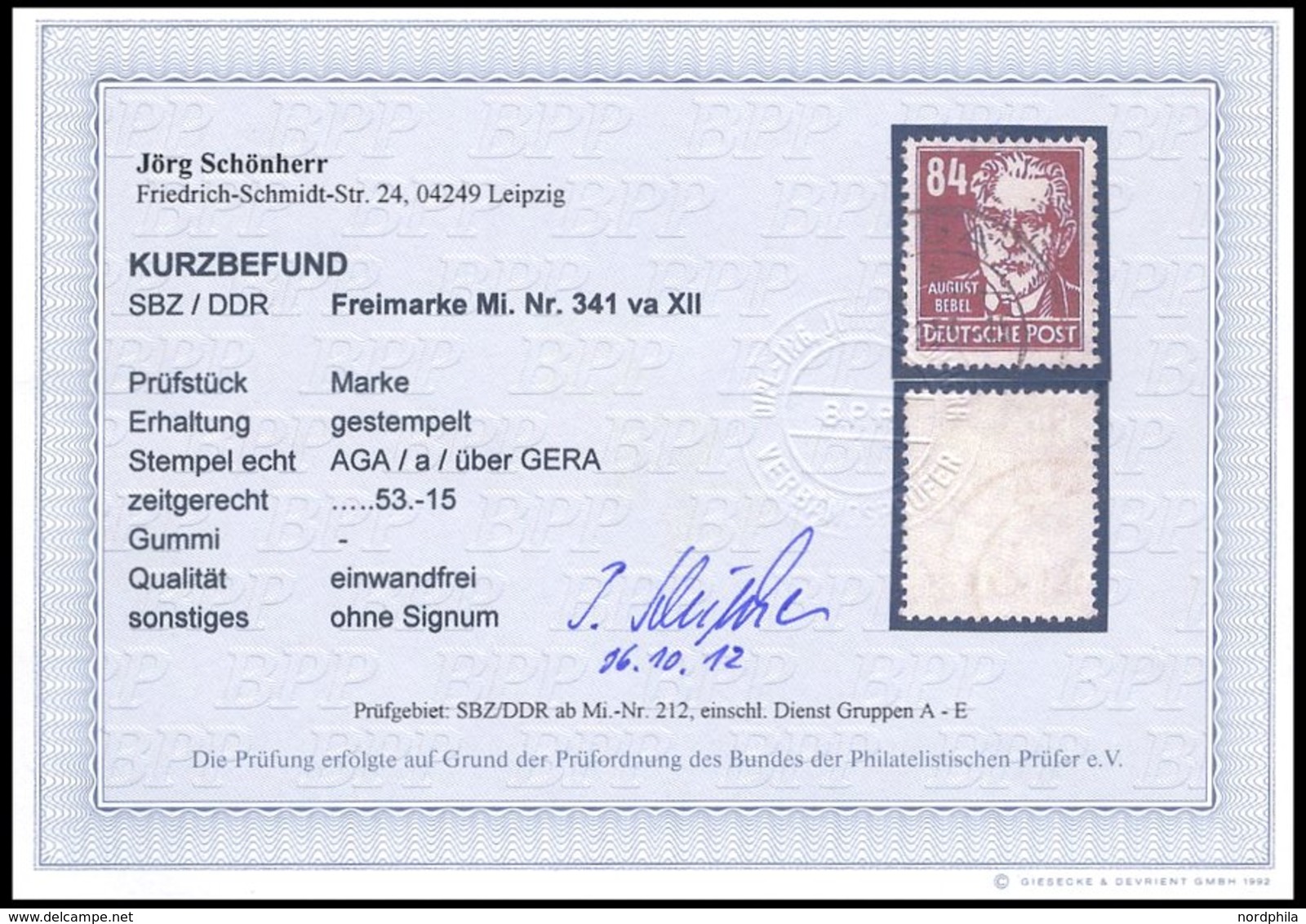 DDR 341vaXII O, 1953, 84 Pf. Bräunlichkarmin Bebel, Wz. 2XII, Zeitgerecht Entwertet, Pracht, Kurzbefund Schönherr, Mi. 3 - Used Stamps