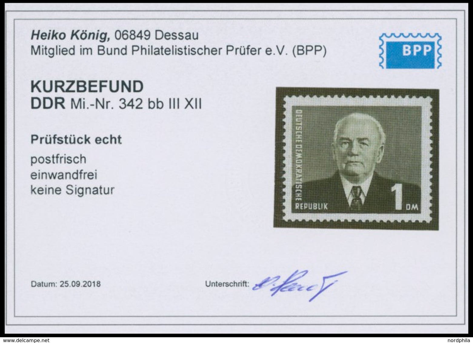 DDR 342bbIIIXII **, 1955, 1 DM Schwarzviolett Pieck, Type III, Wz. 2XII, Postfrisch, Pracht, Kurzbefund König, Mi. 150.- - Gebruikt