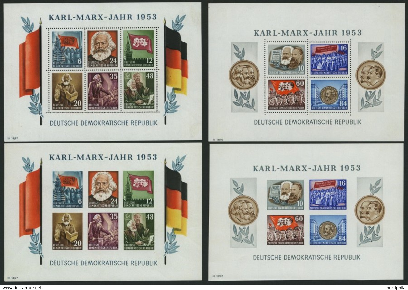 DDR Bl. 8/9A/BYII **, 1953, Marx-Blocks (4), Alle Mit Wz. 2YII, Pracht, Mi. 600.- - Usados