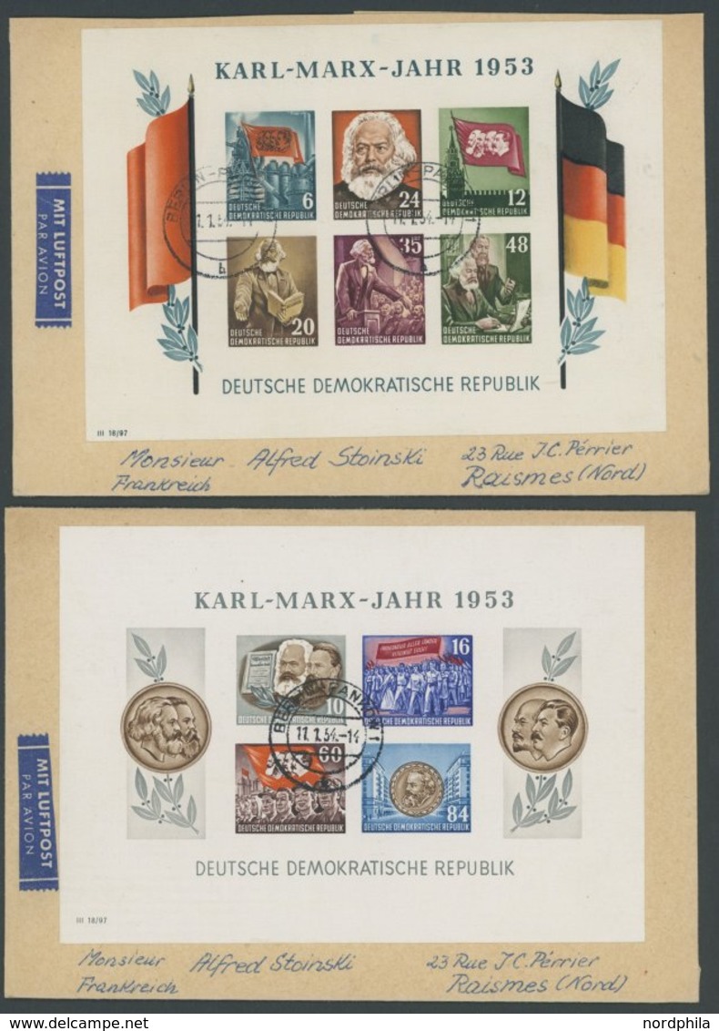 DDR Bl. 8/9BYI BRIEF, 1954, Marx-Blocks, Ungezähnt, Wz. 2YI, Je Auf Brief Nach Frankreich, Feinst - Gebruikt