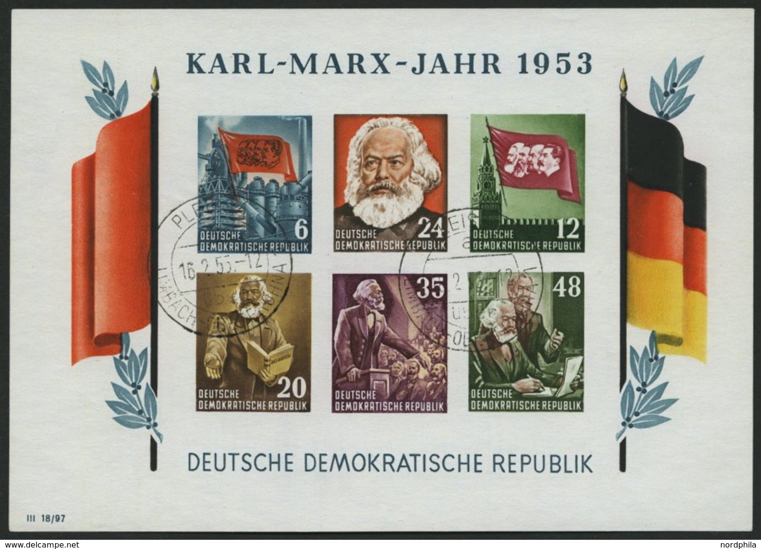 DDR Bl. 8BYI O, 1953, Marx-Block, Ungezähnt, Wz. 2YI, Pracht, Gepr. Schönherr, Mi. 220.- - Usati