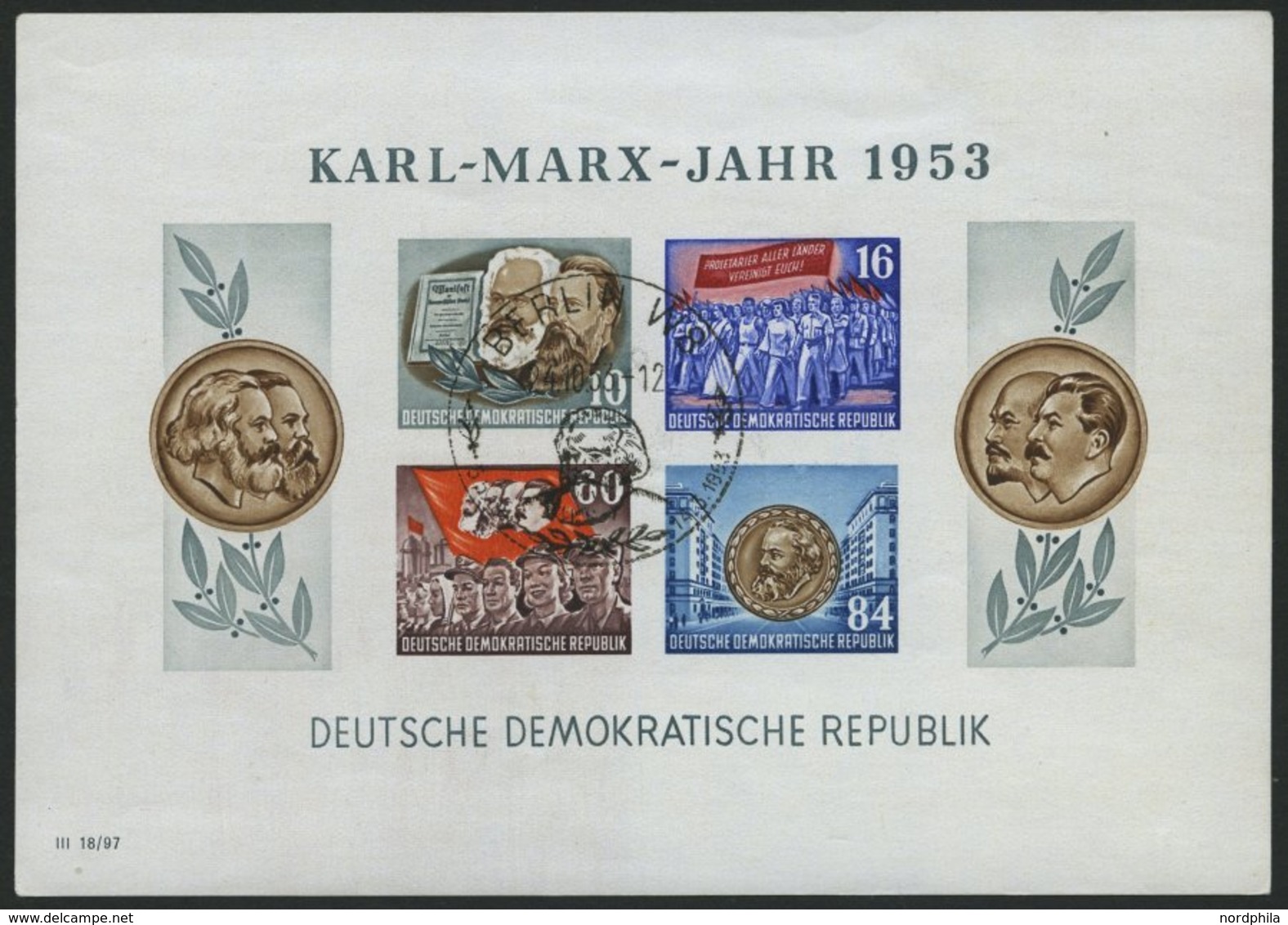 DDR Bl. 9BYI O, 1953, Marx-Block, Ungezähnt, Wz. 2YI, Ersttags-Sonderstempel, Feinst, Gepr. Schönherr, Mi. 150.- - Usati