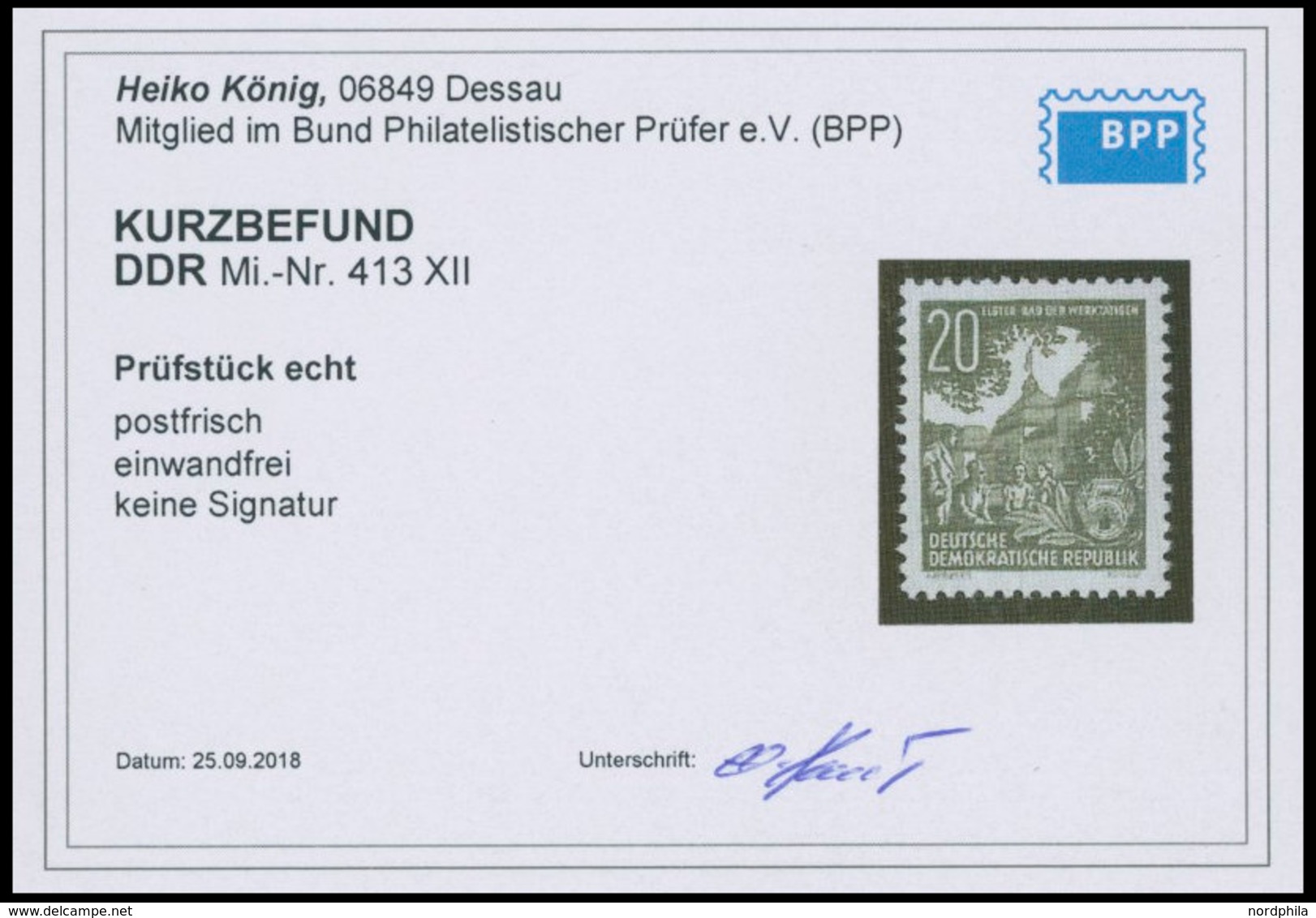 DDR 413XII **, 1954, 20 Pf. Schwärzlichgrünoliv, Wz. 2XII, Postfrisch, Pracht, Kurzbefund König, Mi. 130.- - Usati