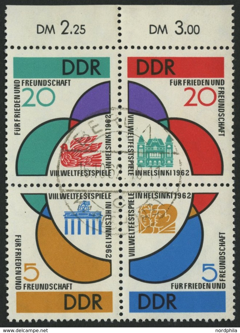 DDR 901-04 VB O, 1962, Weltfestspiele Im Viererblock Mit Tagesstempel, Pracht, Mi. 70.- - Gebruikt