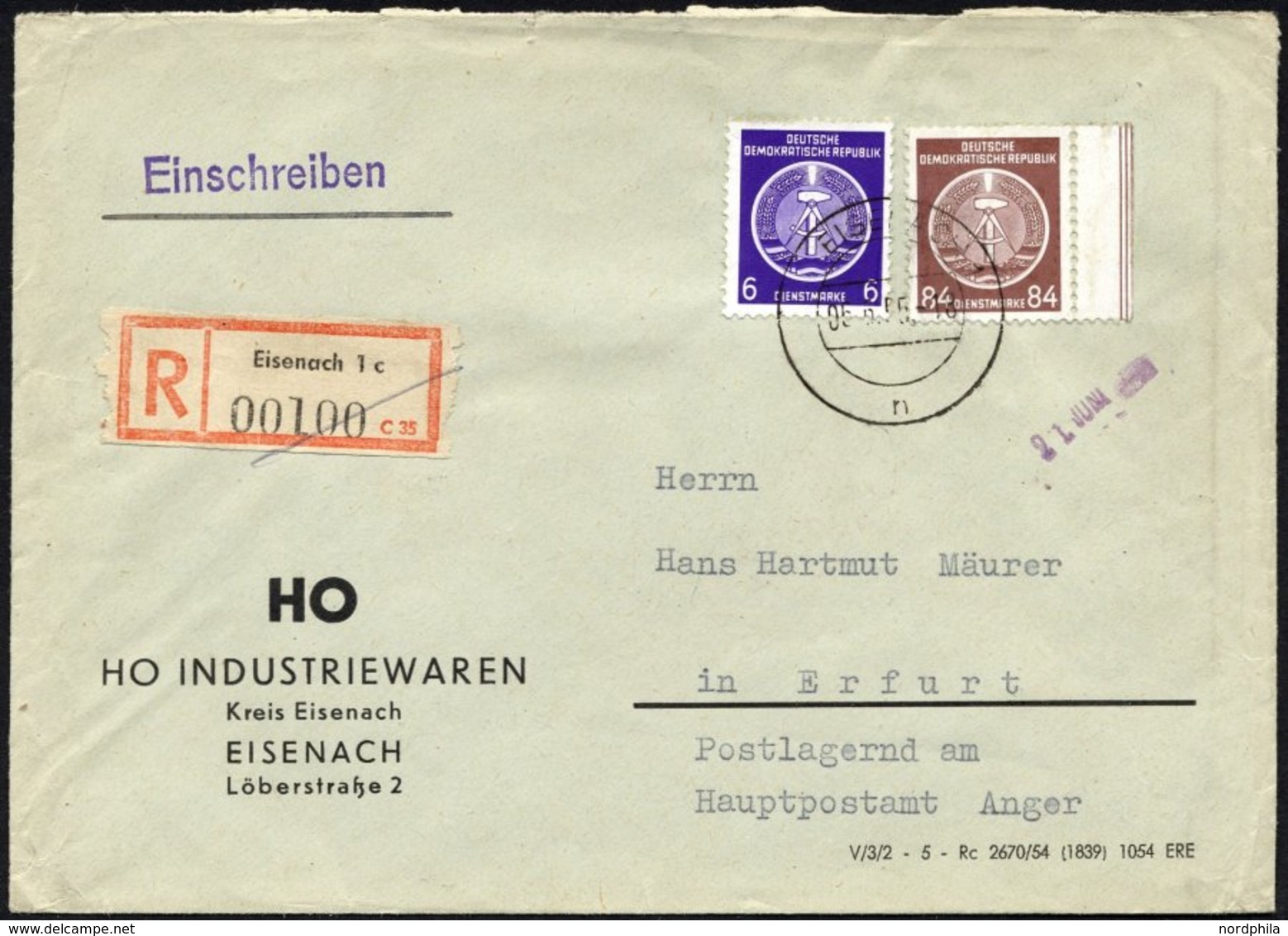 DIENSTMARKEN A D 2,17 BRIEF, 1955, 84 Pf. Lebhaftrötlichbraun Mit 6 Pf. Zusatzfrankatur Auf Einschreibbrief, Pracht - Altri & Non Classificati