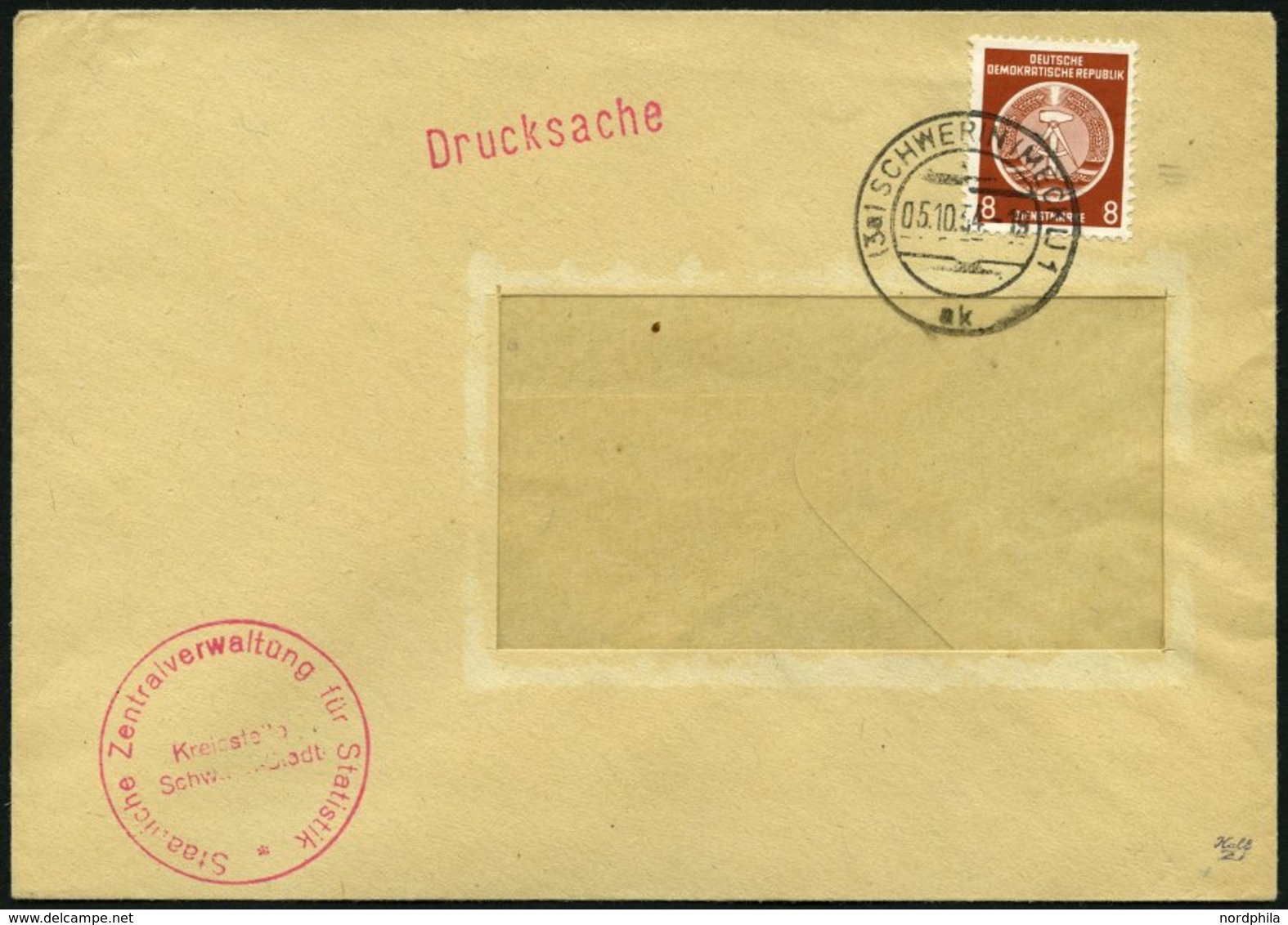 DIENSTMARKEN A D 3 BRIEF, 5.10.1954, 8 Pf. Braunorange, Einzelfrankatur Auf Drucksache Der Staatlichen Zentralversicheru - Andere & Zonder Classificatie