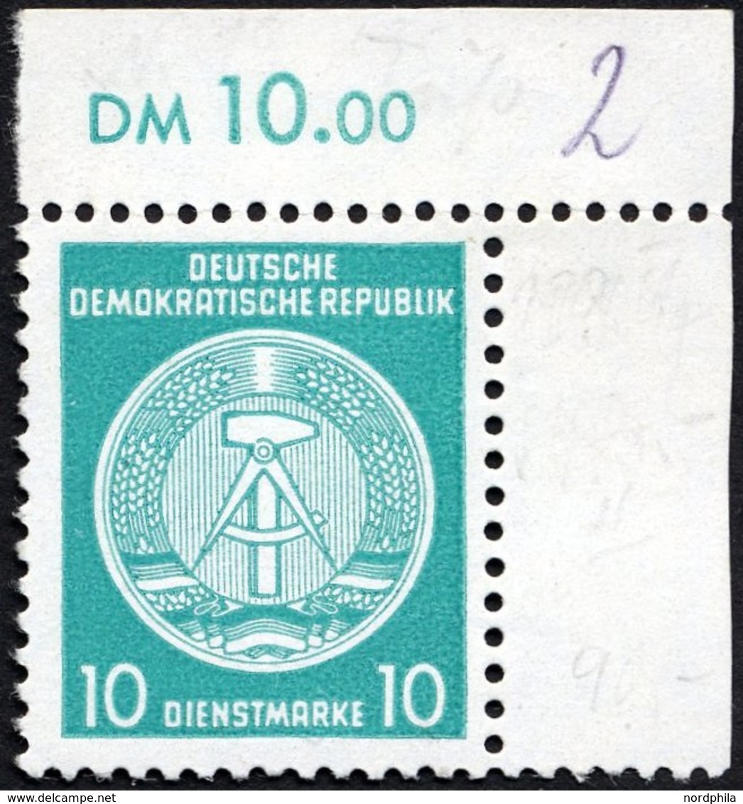 DIENSTMARKEN A D 19IIXII **, 1954, 10 Pf. Bläulichgrün, Type II, Wz. 2XII, Obere Rechte Bogenecke, Pracht, Fotobefund Sc - Sonstige & Ohne Zuordnung