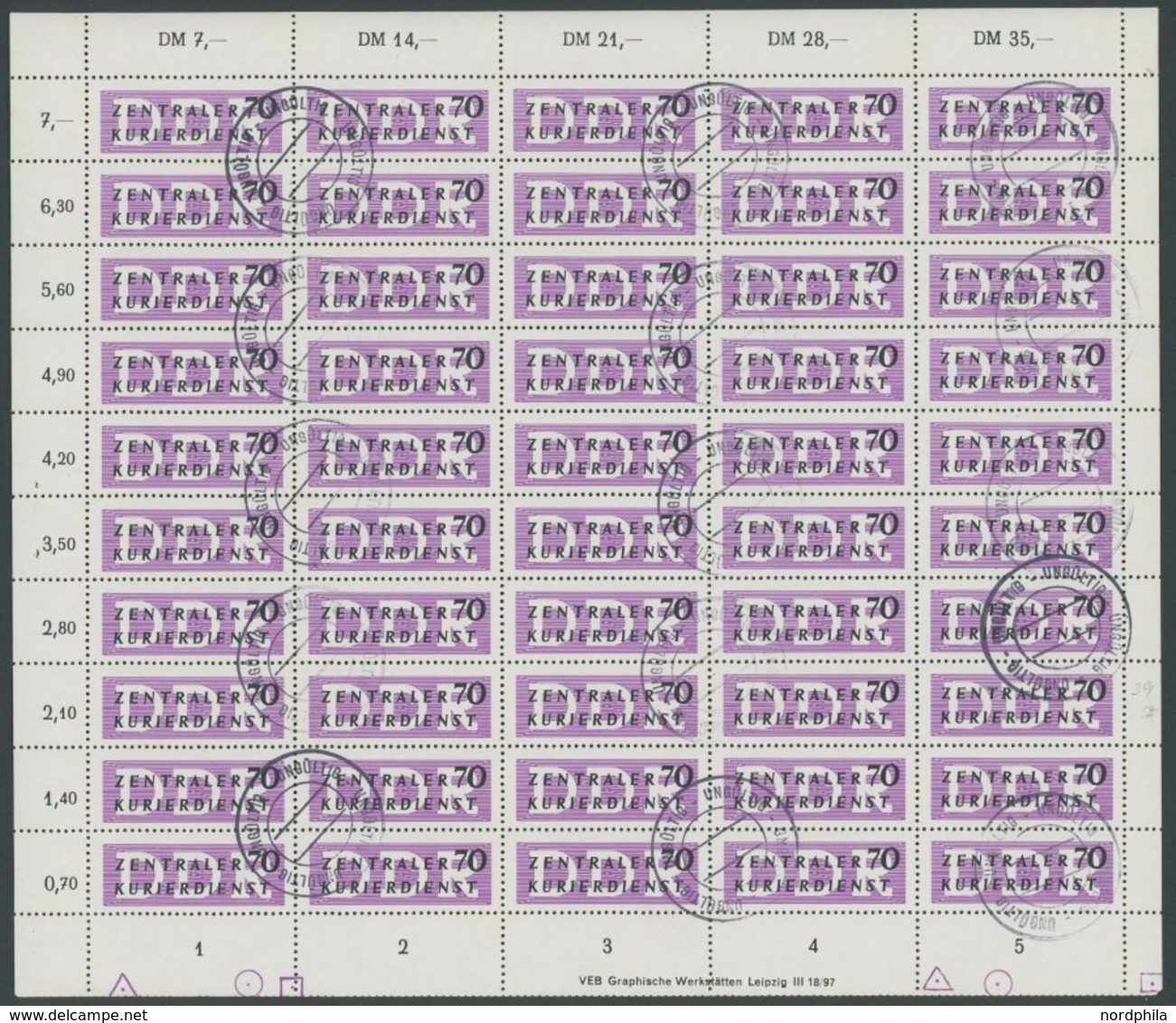 DIENSTMARKEN B D 9 O, 1956, 70 Pf. Mitttelviolettpurpur/schwarz Im Bogen (50) Mit Ungültig-Stempeln, Feld 39 Mit Abart,  - Andere & Zonder Classificatie