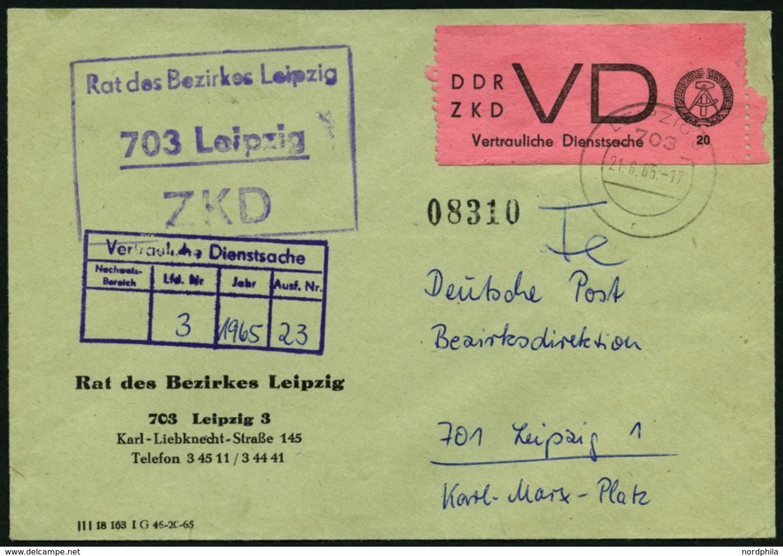 DIENSTMARKEN D VD 2 BRIEF, 1965, 20 Pf. Schwarz Auf Hellilarosa Auf Ortsbrief Aus LEIPZIG, Normale Zähnung, Pracht, Mi.  - Other & Unclassified