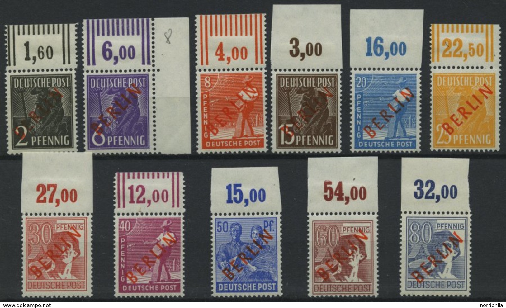 BERLIN 21-23,25-32 **, 1949, 2 - 8 Pf. Und 15 - 80 Pf. Rotaufdruck, Alle Vom Oberrand (dort Falzrest), 11 Prachtwerte, G - Other & Unclassified