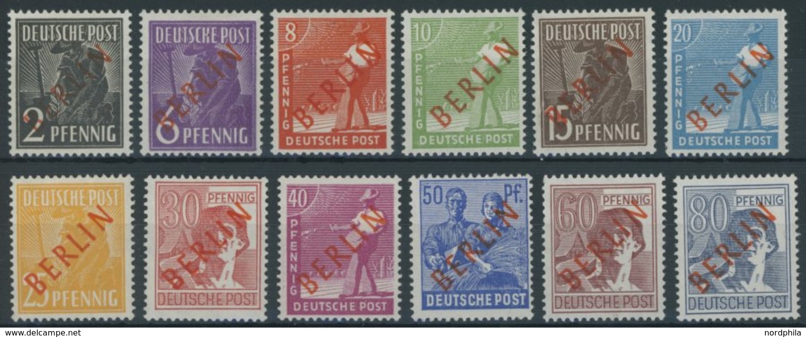 BERLIN 21-32 *, 1949, 2 - 80 Pf. Rotaufdruck, Falzrest, 12 Prachtwerte - Andere & Zonder Classificatie