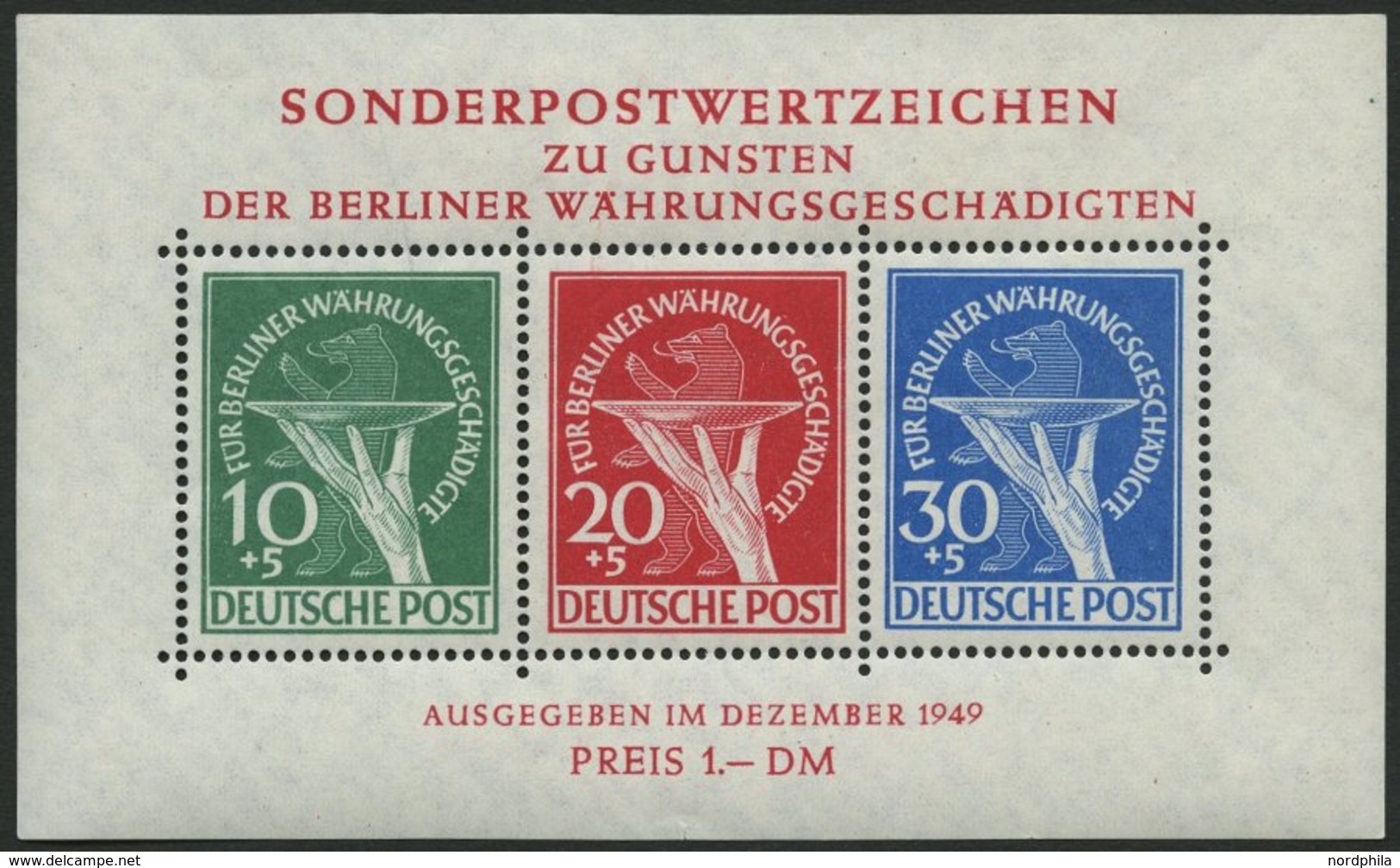 BERLIN Bl. 1I **, 1949, Block Währungsgeschädigte Mit Abart Schraffierungsstrich In Der Opferschale, Format (110x67), Mi - Andere & Zonder Classificatie