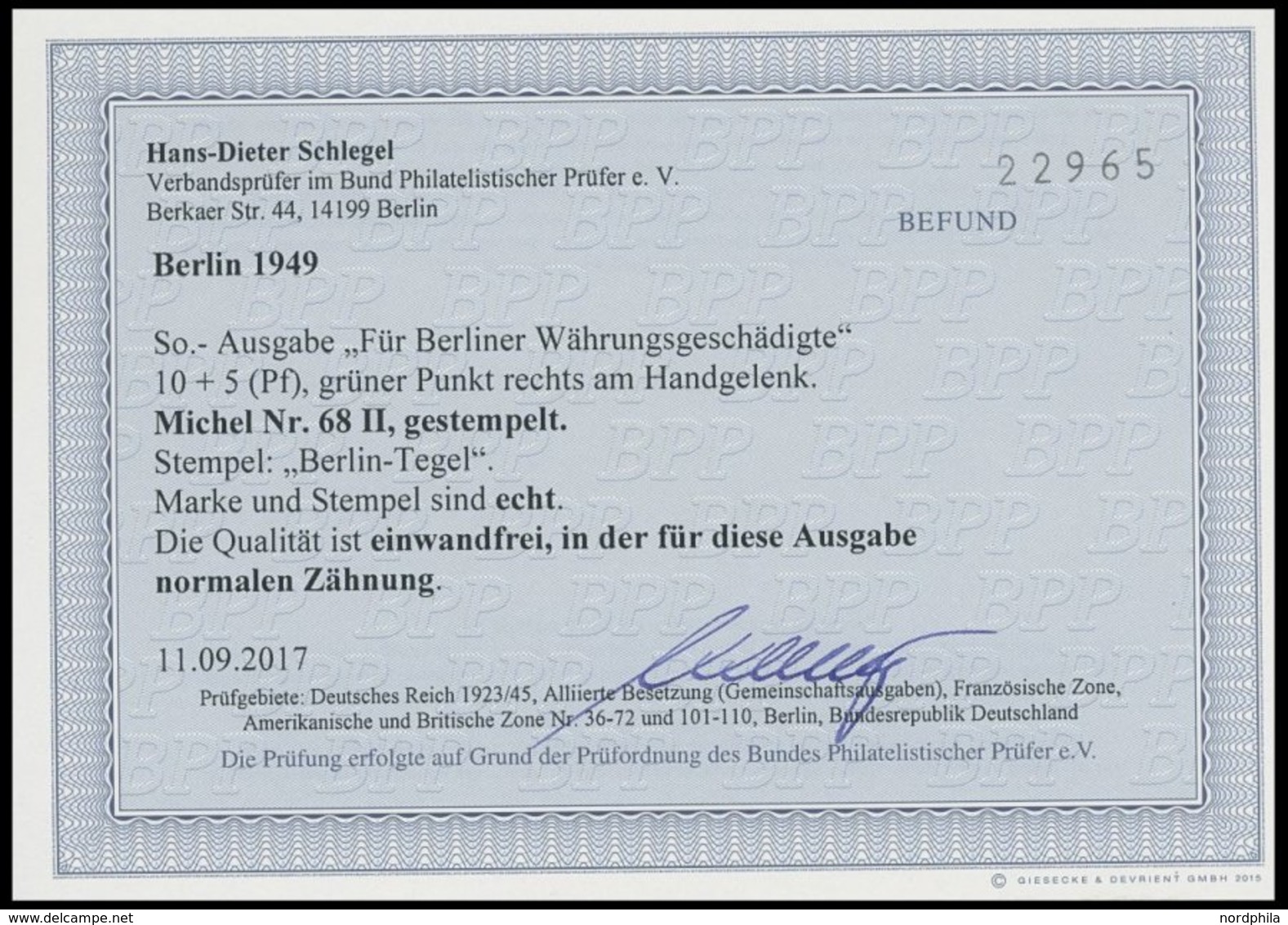 BERLIN 68II O, 1949, 10 Pf. Währungsgeschädigte Mit Abart Grüner Punkt Rechts Am Handgelenk, Normale Zähnung, Pracht, Fo - Andere & Zonder Classificatie