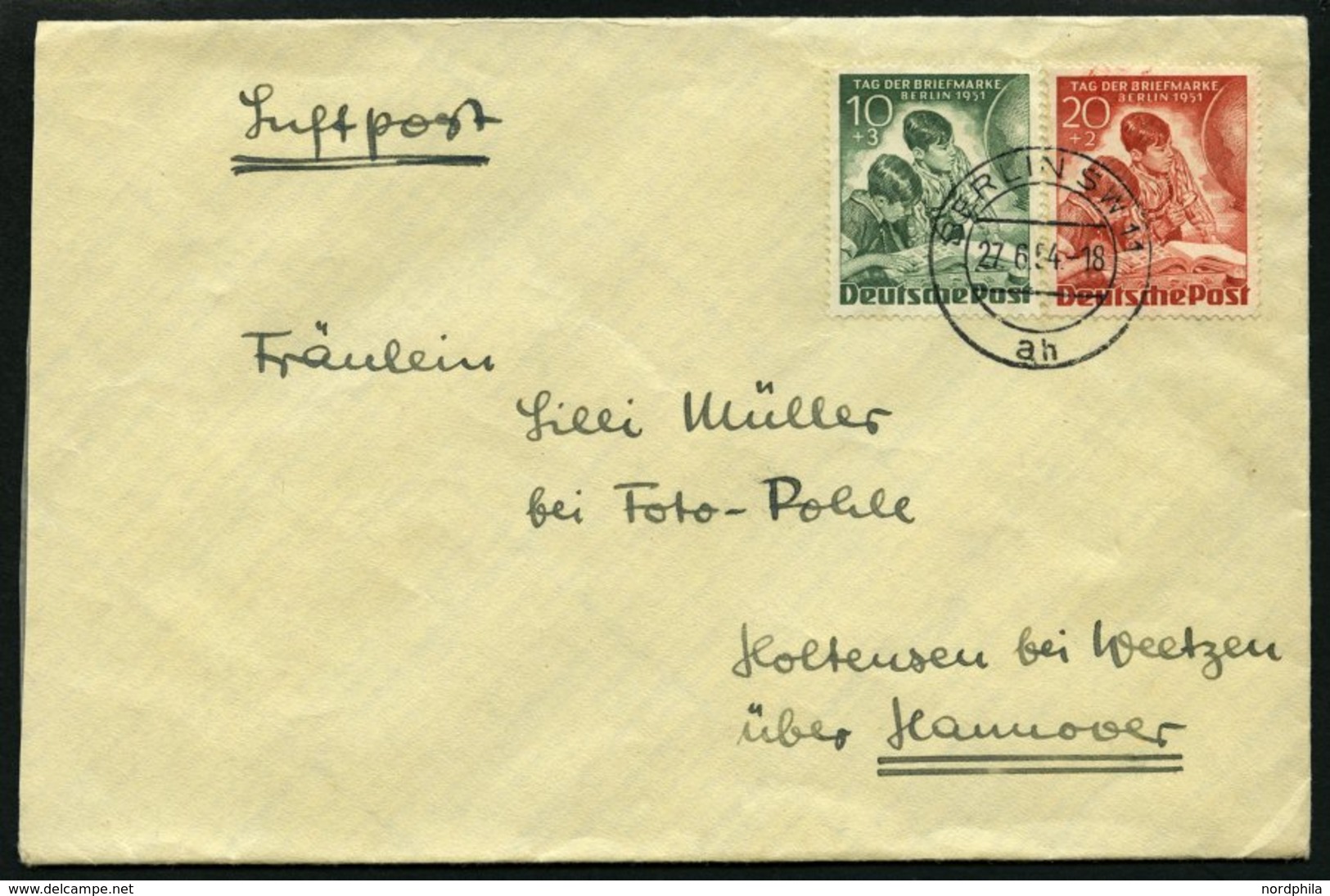 BERLIN 80/1 BRIEF, 1951, Tag Der Briefmarke Auf Brief Nach Hannover, Pracht - Andere & Zonder Classificatie