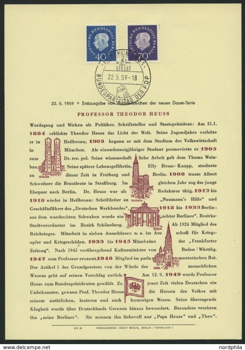 BERLIN 185/6 BrfStk, 1959, 40 Und 70 Pf. Heuss Auf Privatem Ersttagsblatt Mit Ersttags-Sonderstempel, Pracht - Andere & Zonder Classificatie