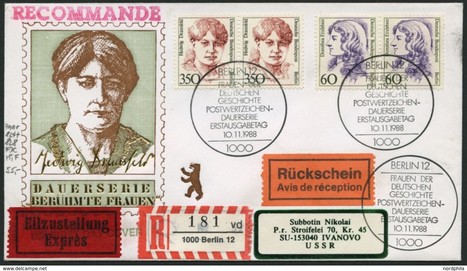 BERLIN 824 Ñ,828 Ñ BRIEF, 1988, 60 Pf. Erxleben Und 350 Pf. Dransfeld In Waagerechten Paaren Auf FDC Mit Rückschein Nach - Other & Unclassified