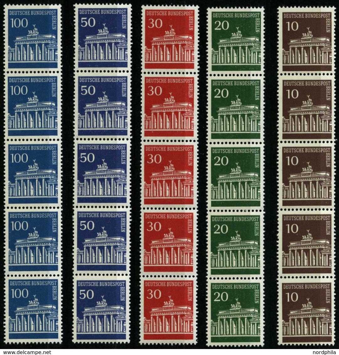 ROLLENMARKEN 286-90R **, 1966/7, Brandenburger Tor In 5er-Streifen, Pracht, Mi. 132.- - Rolstempels