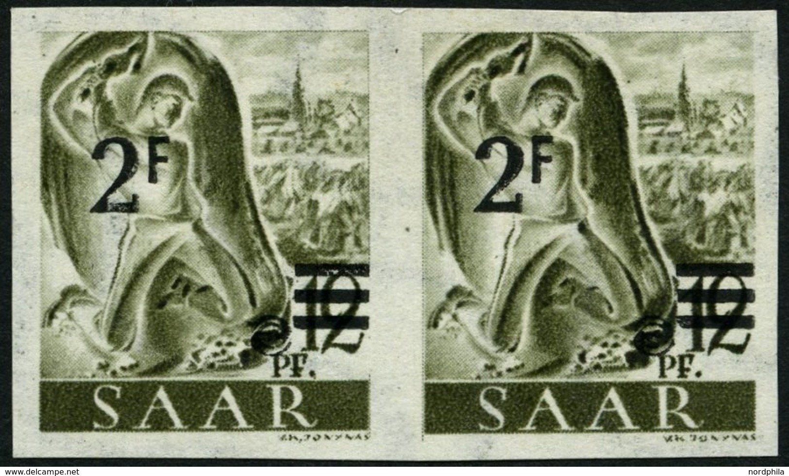 SAARLAND 229YIU Paar **, 1947, 2 Fr. Auf 12 Pf. Schwarzgrauoliv, Wz. 1Y, Ungezähnt, Im Waagerechten Paar, Pracht, Gepr.  - Andere & Zonder Classificatie