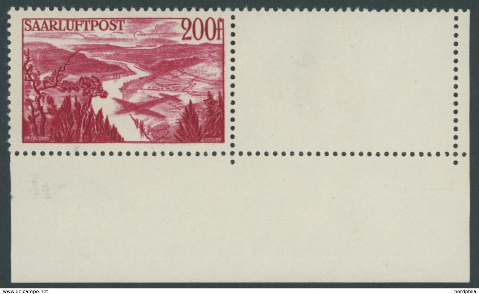 SAARLAND 254L **, 1948, 200 Fr. Flugpostmarken Mit Rechts Anhängendem Leerfeld, Postfrisch, Feinst, Mi. 150.- - Other & Unclassified
